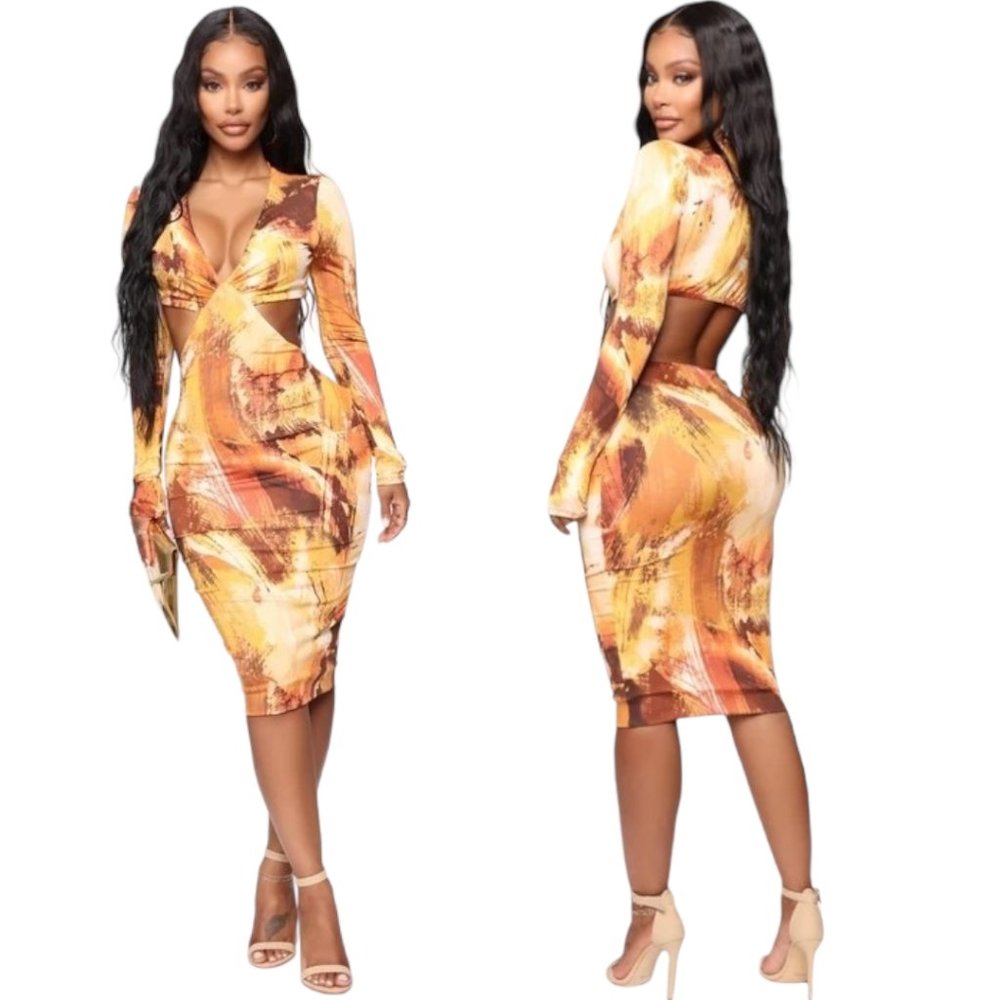 Fashion Nova Long Sleeved Fitted Midi Dress With Cutouts